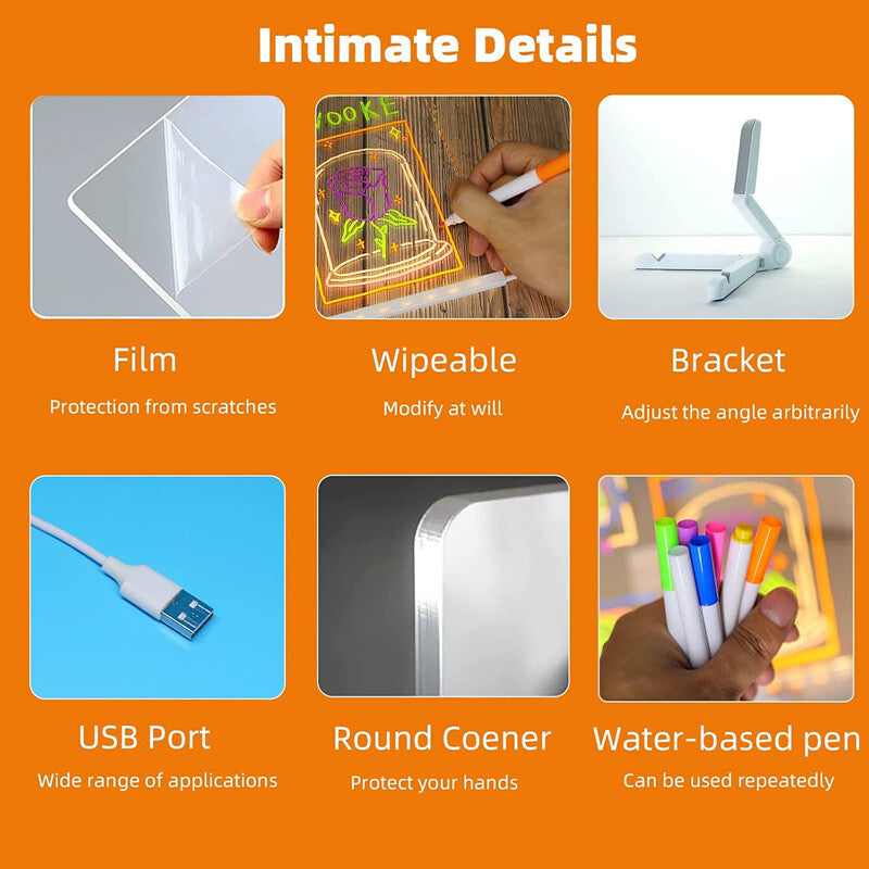 LED Note Board with Colors, Acrylic Dry Erase Board with 7 Pens for Home Office